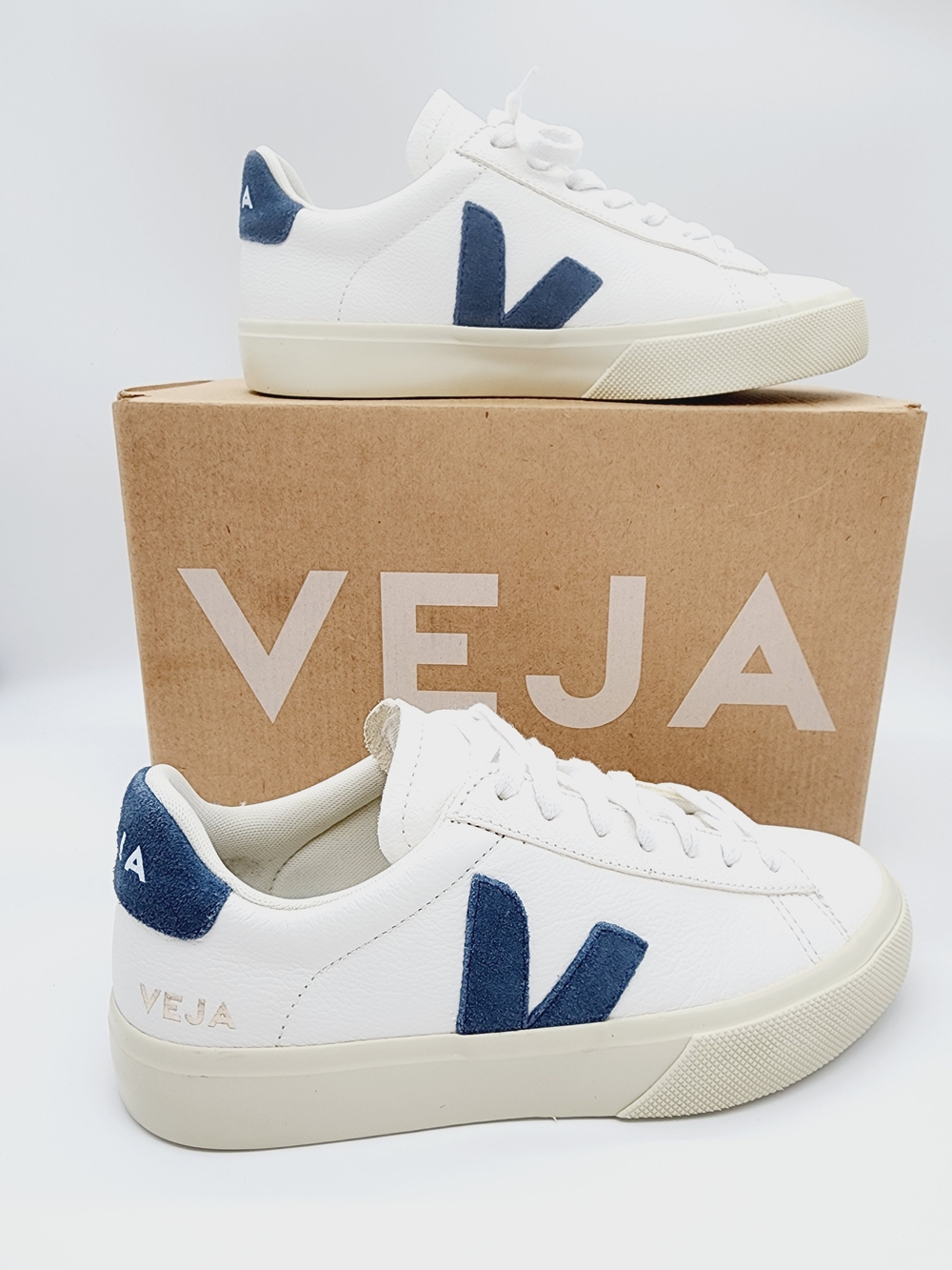 VEJA Campo California Extra White and Blue Leather Sneakers Size 6 or 37